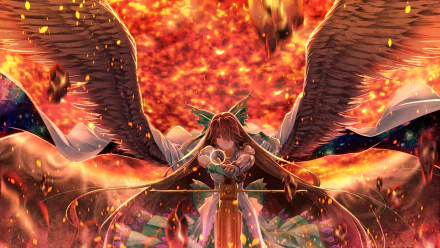 Utsuho Reiuji from the anime Touhou stands dramatically with fiery wings, surrounded by an intense, vibrant background of flames, creating a captivating HD wallpaper.