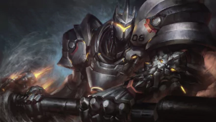 HD desktop wallpaper featuring Reinhardt from Overwatch, highlighting his imposing armored presence with dramatic lighting and dynamic action elements from the video game.