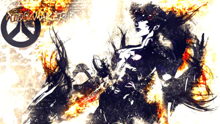 HD PC desktop wallpaper featuring Widowmaker from the video game Overwatch in a dynamic, fiery artistic style.