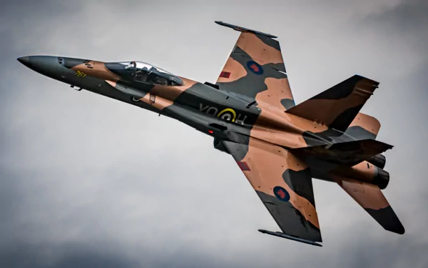 HD desktop wallpaper of a McDonnell Douglas CF-18 Hornet jet fighter warplane in military camouflage flying against a cloudy sky.