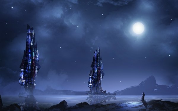 Sci Fi City Futuristic Night Tower Moon HD Wallpaper | Background Image