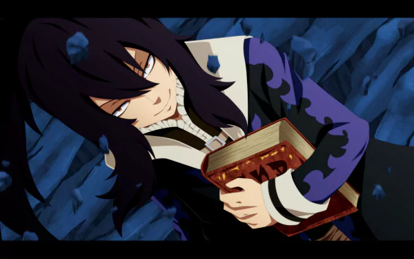 HD PC desktop wallpaper featuring Mard Geer from the anime Fairy Tail, holding a book with a dark, intense background.
