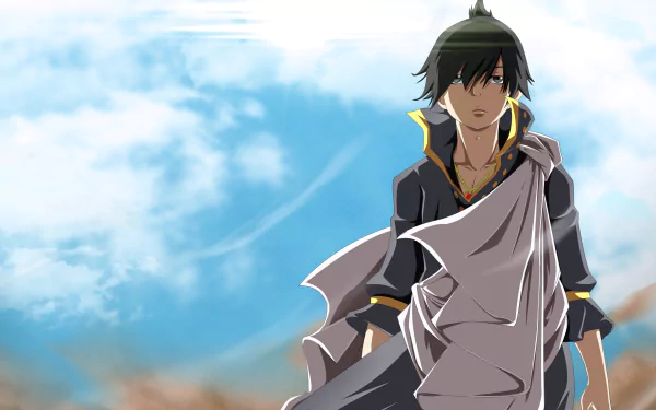 A high-definition wallpaper featuring Zeref Dragneel from the anime Fairy Tail, set against a vibrant blue sky and showcasing his striking character design.