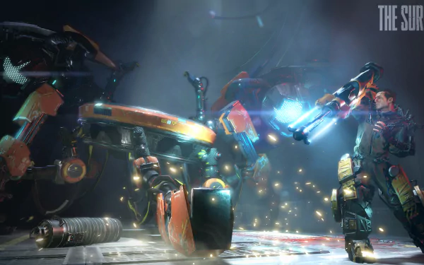 HD PC desktop wallpaper and background from the video game The Surge: an armored protagonist clashes with a hulking industrial robot amid sparks and cold factory lighting.