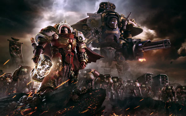 A dramatic HD wallpaper featuring Imperial Knights from Warhammer 40,000: Dawn of War III, showcasing a powerful Space Marine amidst a battlefield of warriors and skulls.