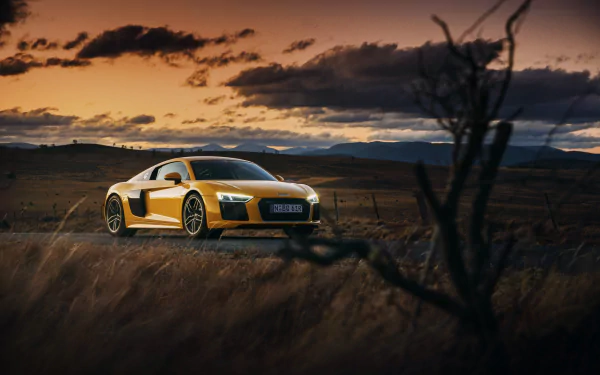 A striking yellow Audi R8 V10 parked against a breathtaking sunset backdrop, showcasing its sleek design and powerful presence in a natural landscape.
