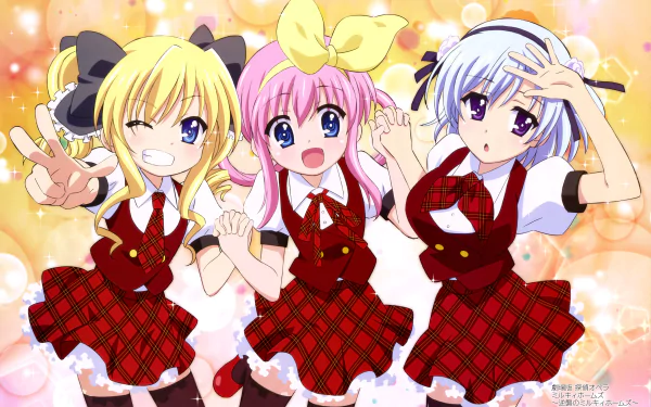 5K Ultra HD PC wallpaper of Tantei Opera Milky Holmes trio — Sherlock Shellingford, Henriette Mystere, Kokoro Akechi — in red plaid uniforms, smiling and posing against a sparkly bokeh background.