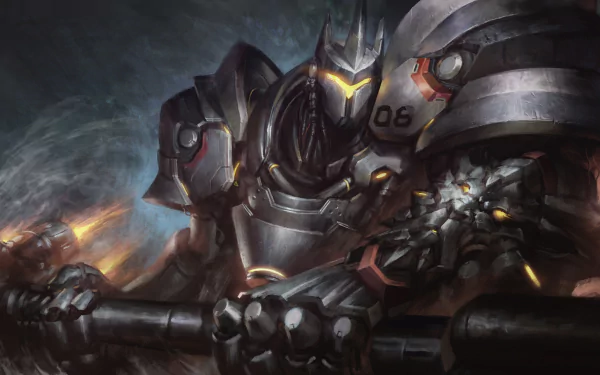 HD desktop wallpaper featuring Reinhardt from Overwatch, highlighting his imposing armored presence with dramatic lighting and dynamic action elements from the video game.