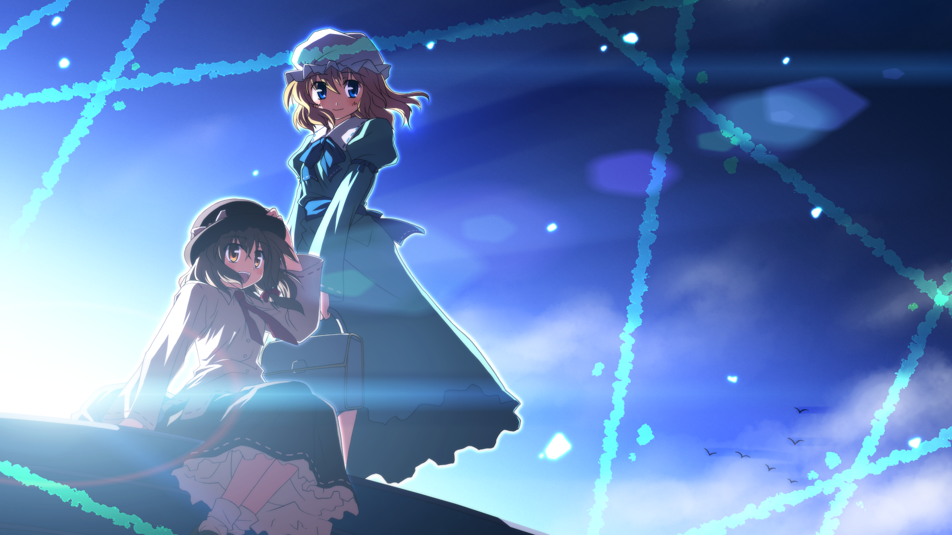 Touhou anime wallpaper (2K Quad HD) featuring Maribel Hearn and Renko Usami standing on a cliff beneath glowing blue sigils and a dramatic night sky — PC desktop background.