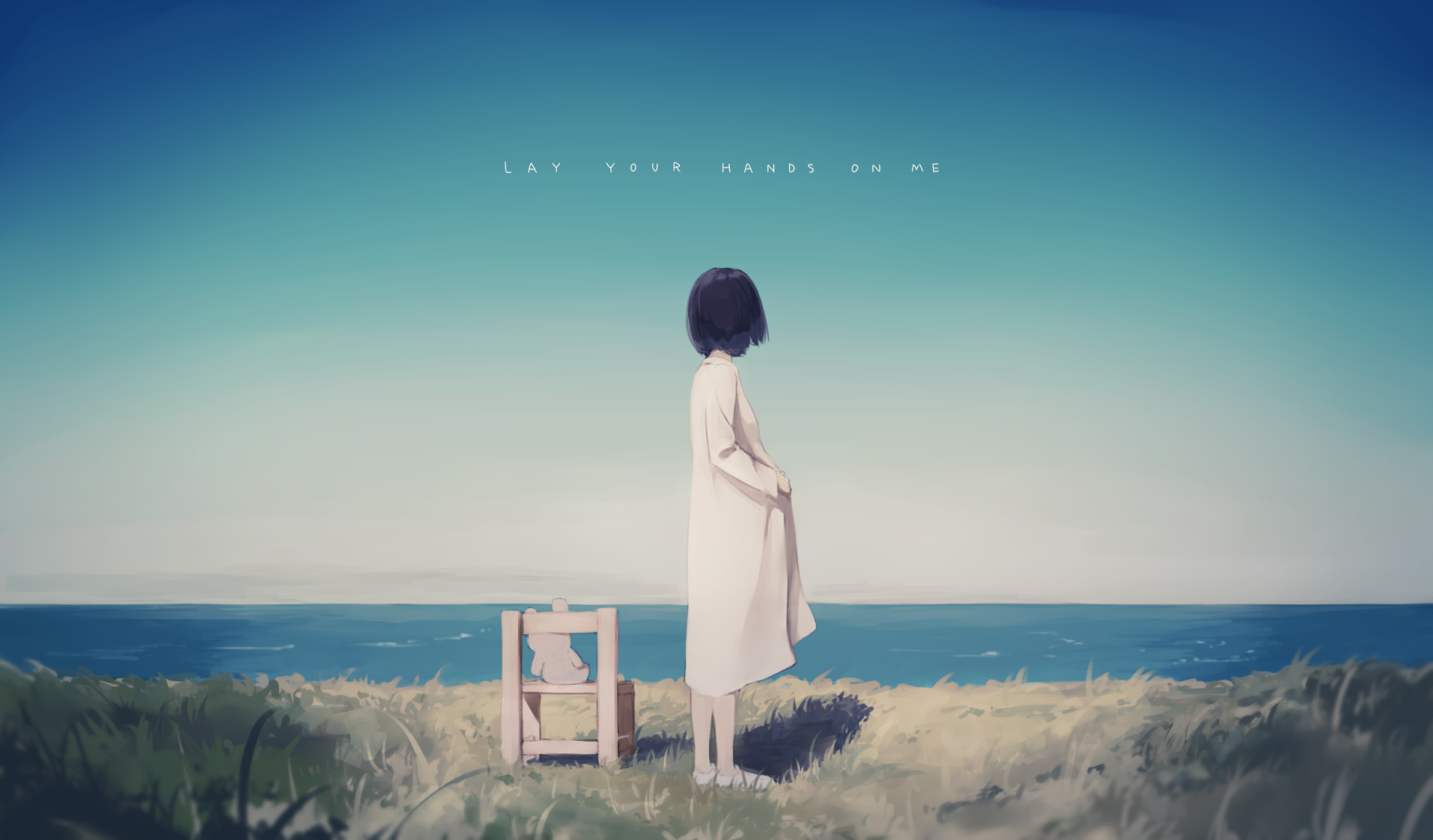 Anime-style HD desktop wallpaper featuring a girl in a white dress standing by a wooden chair overlooking the ocean under a clear blue sky.