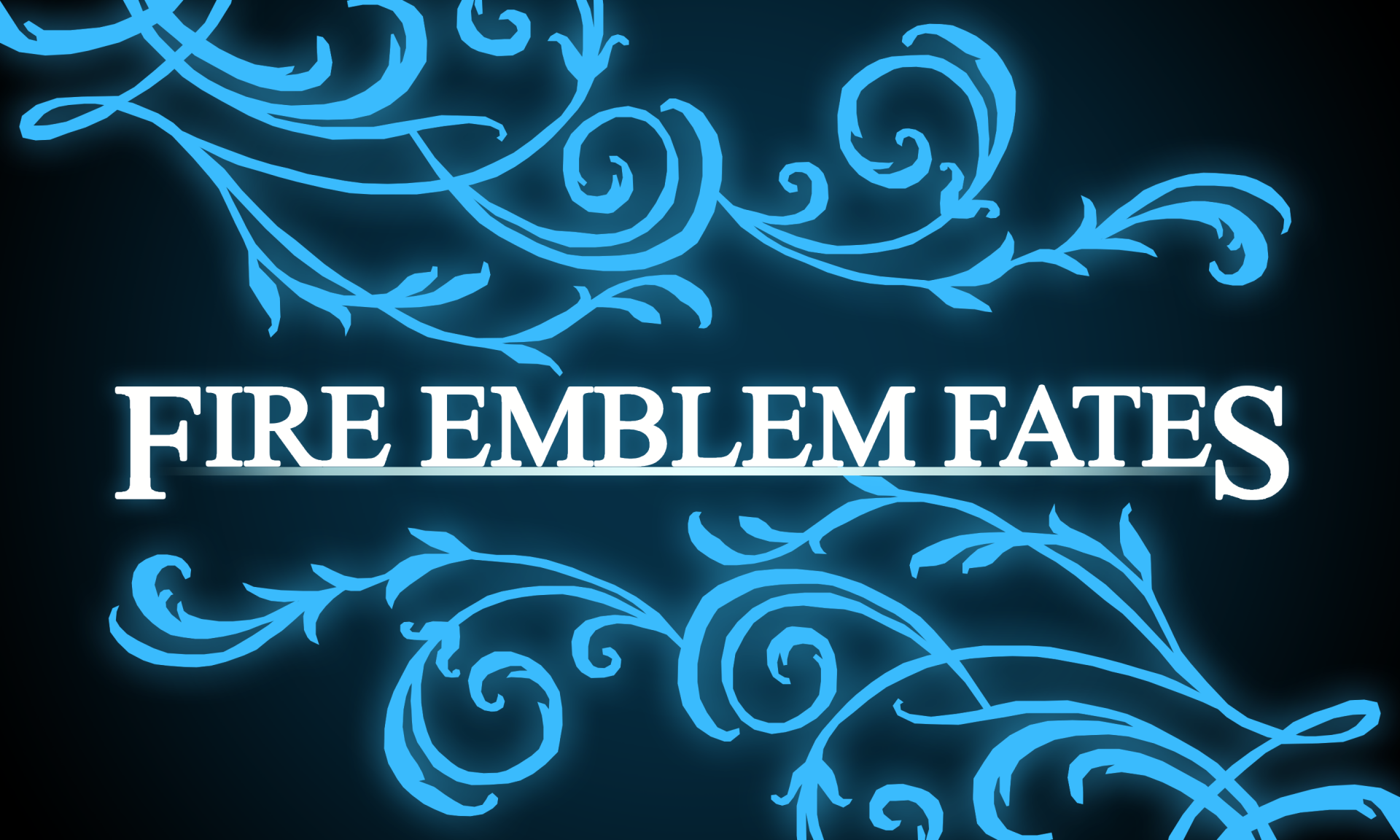 Fire Emblem Fates logo centered on a dark backdrop with glowing blue ornamental swirls — 2K Quad HD PC desktop wallpaper, Fire Emblem video game art.
