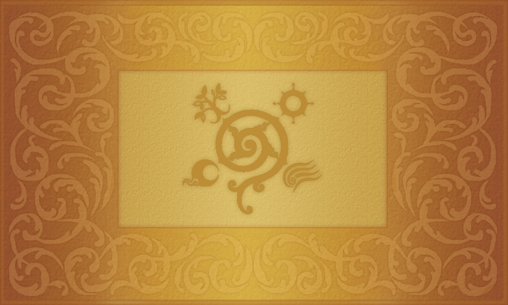 HD PC desktop wallpaper featuring a gold-orange Fire Emblem Fates emblem from the video game, centered on a textured banner with swirling filigree borders.