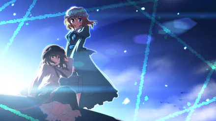Touhou anime wallpaper (2K Quad HD) featuring Maribel Hearn and Renko Usami standing on a cliff beneath glowing blue sigils and a dramatic night sky — PC desktop background.