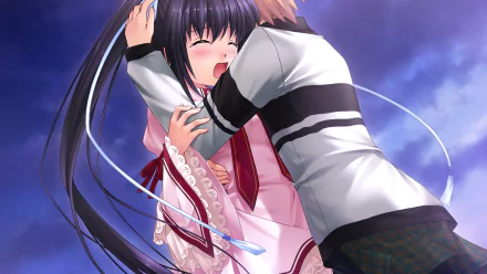 HD anime desktop wallpaper featuring Kotarou Tennouji embracing Lucia Konohana from Rewrite, set against a vibrant sky backdrop.