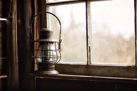 An old man-made lantern hanging by a weathered window, captured in a high-definition desktop wallpaper and background.