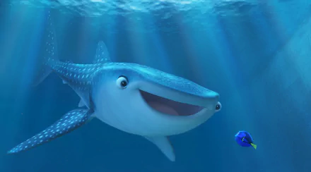 Bright and colorful HD wallpaper featuring Destiny, the whale shark, and Dory from Finding Dory, swimming together in a vibrant underwater scene.