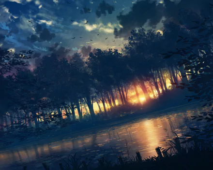 HD anime desktop wallpaper depicting a serene forest at sunset, with birds flying through a cloudy sky, trees silhouetted by the setting sun, and their reflection shimmering on a calm body of water.