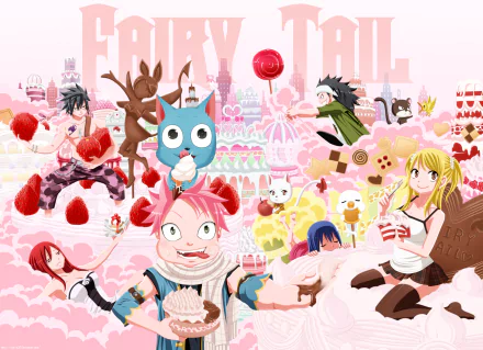 A colorful HD wallpaper featuring characters from Fairy Tail, including Natsu, Lucy, Erza, and Happy, indulging in a whimsical dessert-filled landscape.