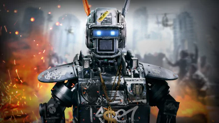 HD PC desktop wallpaper featuring Chappie, the robot from the movie, with glowing blue eyes and a rugged, graffiti-covered exterior in a fiery urban background.
