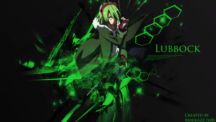 Lubbock from Akame Ga Kill! depicted in an action pose with green abstract effects on a dark background. This HD desktop wallpaper and background encapsulates energy and intensity from the anime series.