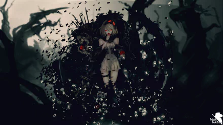 An original anime-themed HD desktop wallpaper featuring a character surrounded by dark, fragmented elements, creating a striking and dynamic visual effect.
