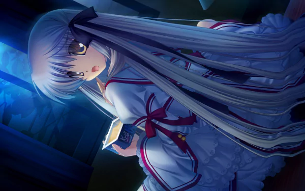 A stunning 4K Ultra HD wallpaper featuring Senri Akane from the anime Rewrite, showcasing her in a striking pose with long hair and a captivating expression in a dimly lit setting.
