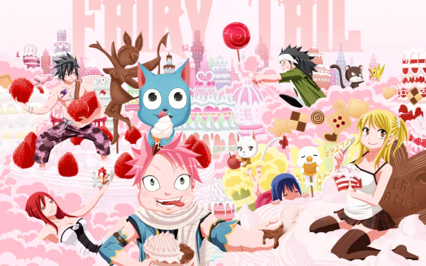 A colorful HD wallpaper featuring characters from Fairy Tail, including Natsu, Lucy, Erza, and Happy, indulging in a whimsical dessert-filled landscape.