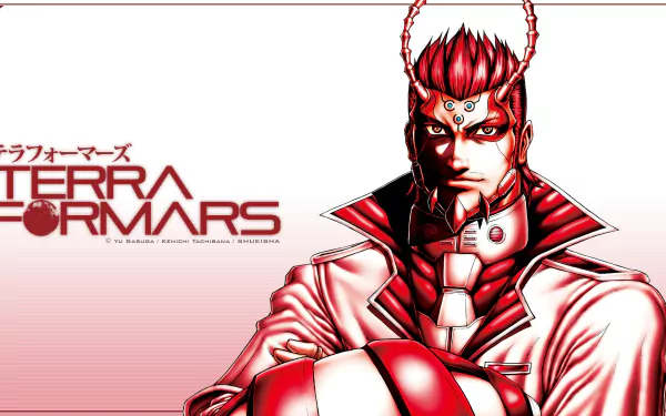 HD PC desktop wallpaper featuring Komachi Shokichi from the anime Terra Formars, showcasing bold red and white tones with the series logo on a clean background.