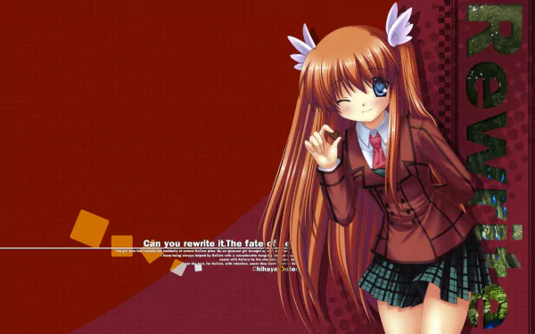 HD desktop wallpaper featuring Chihaya Ohtori from the anime Rewrite, posing with a playful wink against a red background with stylized text and geometric accents.