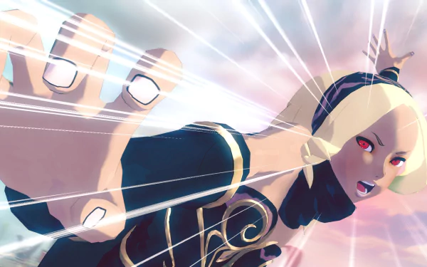 HD PC desktop wallpaper of the video game Gravity Rush 2: the heroine lunges forward, blonde hair and red eyes, dramatic motion lines and a pastel sky background.