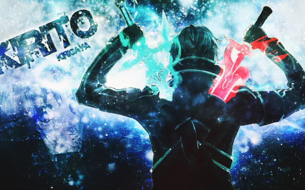A dynamic HD desktop wallpaper featuring Kazuto Kirigaya from the anime Sword Art Online, showcasing him wielding dual swords against a vibrant cosmic background.