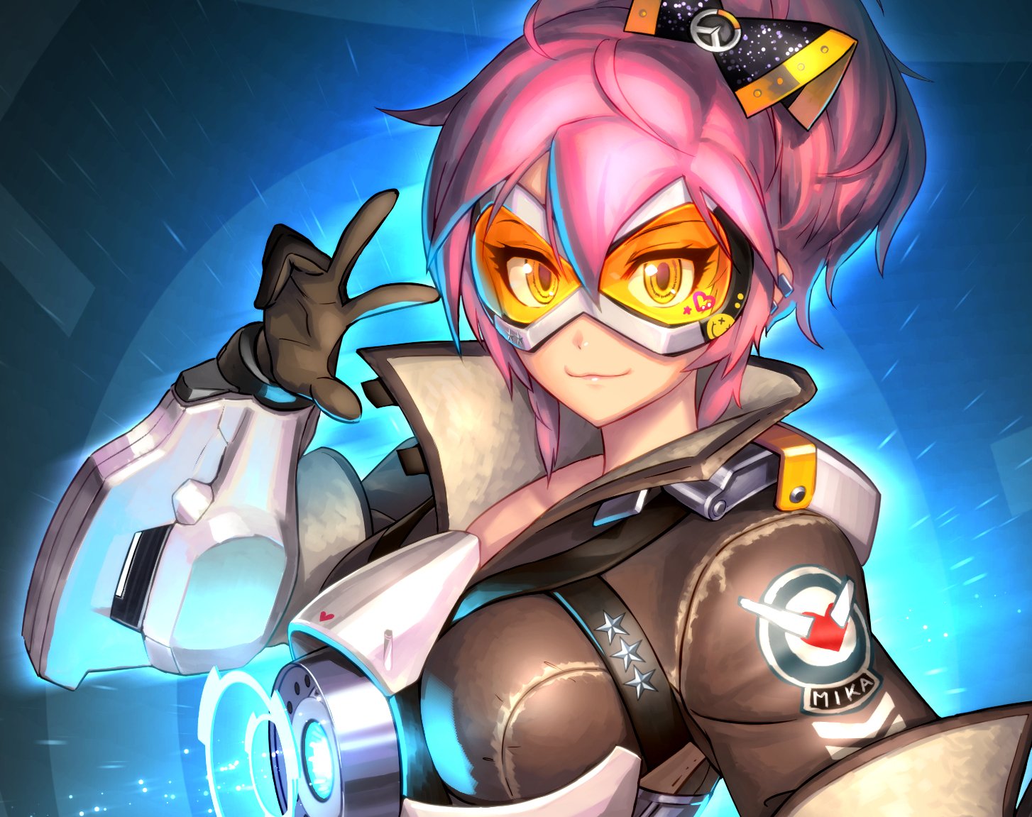 HD desktop wallpaper featuring a pink-haired anime character with yellow eyes, goggles, and a bow in a ponytail, blending Overwatch's Tracer with iDOLM@STER Cinderella Girls.