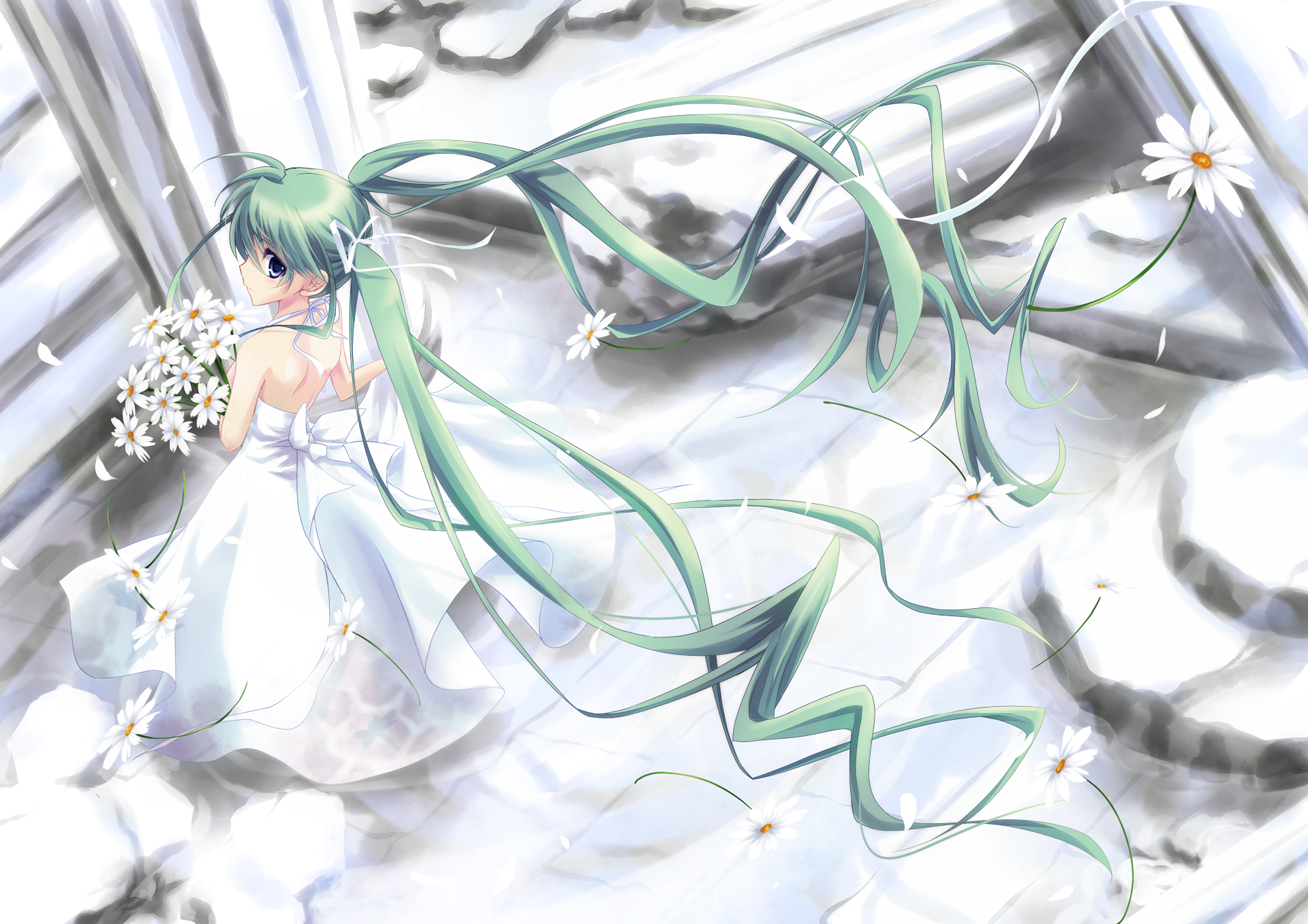 Anime original HD PC desktop wallpaper of a green‑haired girl in a white gown, long flowing twin tails woven with daisies, surrounded by petals and soft luminous ribbons.