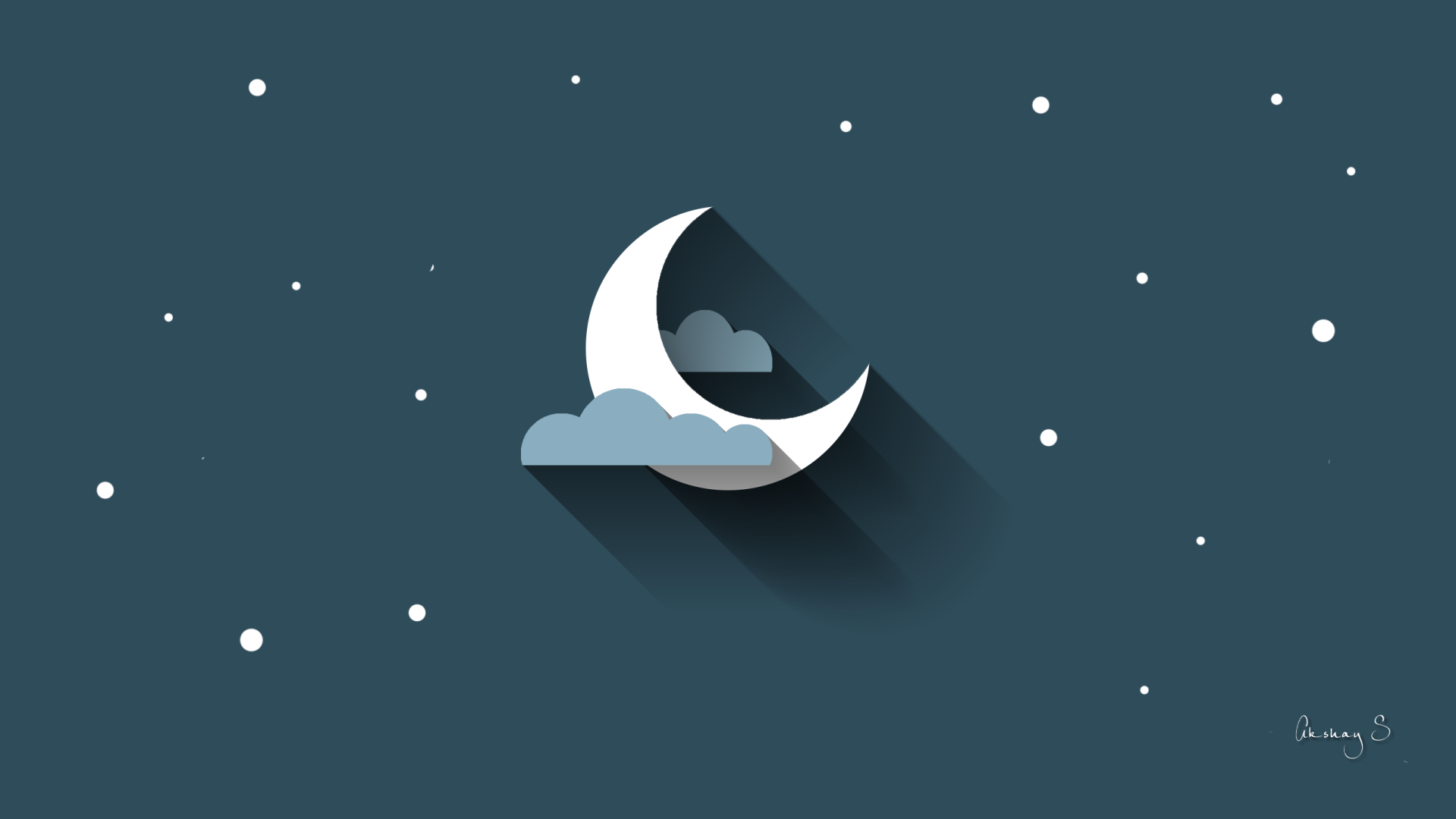 Artistic, minimalist HD PC desktop wallpaper featuring a crescent moon partially covered by clouds against a dark teal night sky with scattered stars.