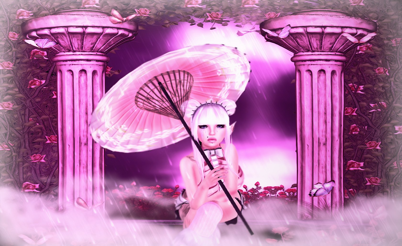 HD PC desktop wallpaper and background: cute pink fantasy elf in Photoshop-style art holds a parasol between rose columns, mist and a glowing moonlit sky.