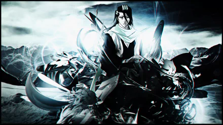 High-definition wallpaper featuring Byakuya Kuchiki from the anime Bleach, surrounded by dynamic, abstract designs that enhance his striking presence.