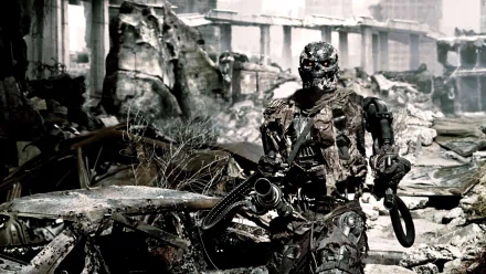 A striking HD desktop wallpaper featuring an endoskeleton from *Terminator Salvation*, standing amidst a post-apocalyptic landscape, showcasing its intricate design and gritty atmosphere.