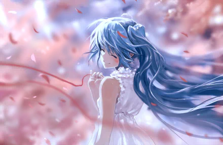 A serene anime scene featuring Hatsune Miku in a flowing white dress, surrounded by petals, with long blue hair and a ribbon, capturing a dreamy atmosphere.