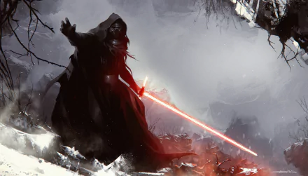 Kylo Ren, wielding a red lightsaber, stands ominously in a snowy landscape from Star Wars Episode VII: The Force Awakens, capturing the dark atmosphere of the movie's epic saga.