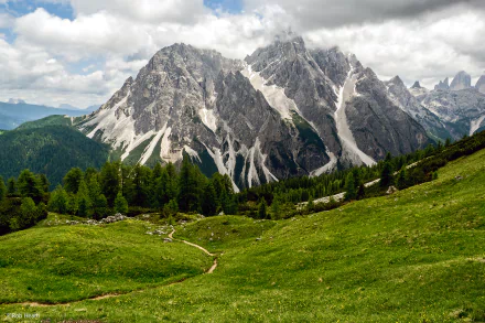HD PC desktop wallpaper showcasing a vibrant mountain landscape with lush green meadows, rugged peaks, and a partly cloudy sky.