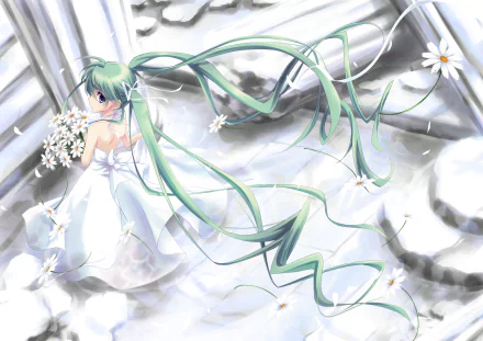 Anime original HD PC desktop wallpaper of a green‑haired girl in a white gown, long flowing twin tails woven with daisies, surrounded by petals and soft luminous ribbons.