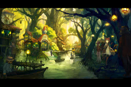 HD anime-style original artwork depicting a serene, lantern-lit village nestled among large trees by a calm river, designed as a detailed PC desktop wallpaper.