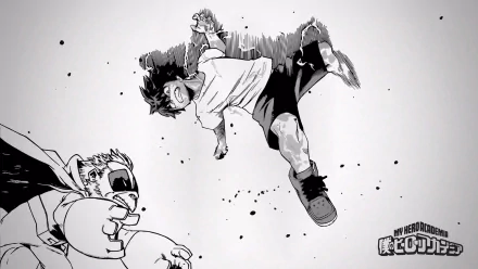 A dynamic scene from My Hero Academia, featuring Izuku Midoriya in an action pose, captures the spirit of heroism with bold lines and contrasting colors, making it a striking desktop wallpaper.