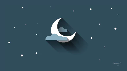 Artistic, minimalist HD PC desktop wallpaper featuring a crescent moon partially covered by clouds against a dark teal night sky with scattered stars.