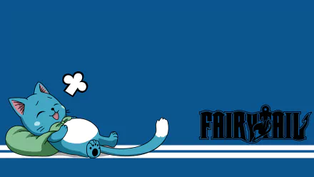 A vibrant HD wallpaper featuring Happy from the anime Fairy Tail, happily resting on a green pillow against a blue background with the Fairy Tail logo.