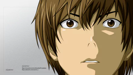 Close-up HD anime wallpaper of Light Yagami from Death Note, showcasing his intense expression with detailed shading and crisp lines against a neutral background.