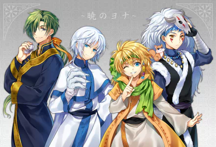 Anime characters Zeno, Shin-Ah, Ki-ja, Jae-Ha, and Ao from Yona of the Dawn are featured in this vibrant HD wallpaper, showcasing their unique styles and expressions.