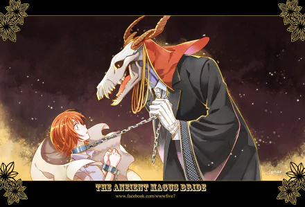 HD desktop wallpaper of characters Elias Ainsworth and Chise Hatori from the anime Mahoutsukai no Yome (The Ancient Magus' Bride). Elias is holding a necklace around Chise's neck with a serene background.
