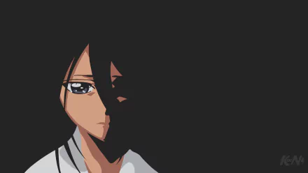Minimalist HD PC desktop wallpaper featuring Rukia Kuchiki from the anime Bleach, showcasing a stark contrast with half her face in shadow against a black background.