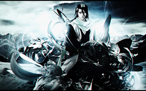 High-definition wallpaper featuring Byakuya Kuchiki from the anime Bleach, surrounded by dynamic, abstract designs that enhance his striking presence.